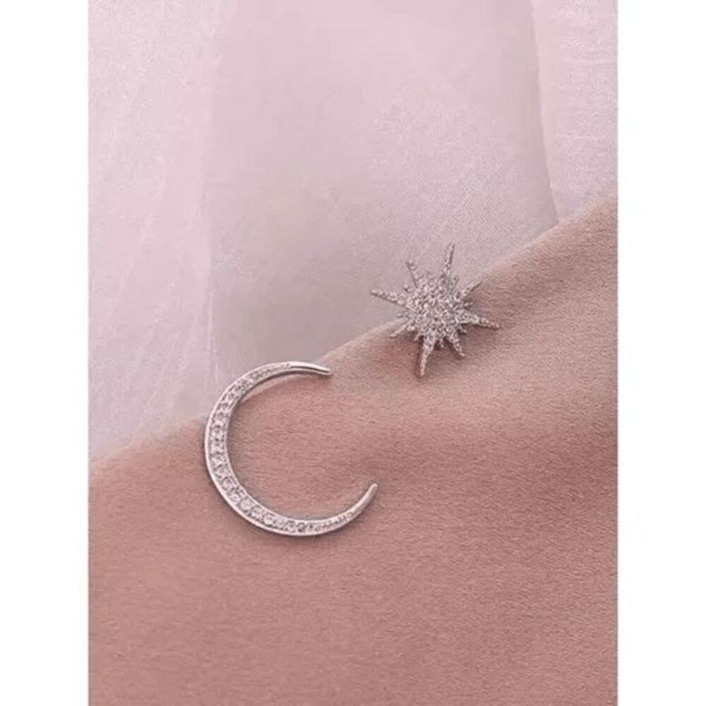BOHO SILVER DIAMOND MOON AND STAR STUD EARRINGS